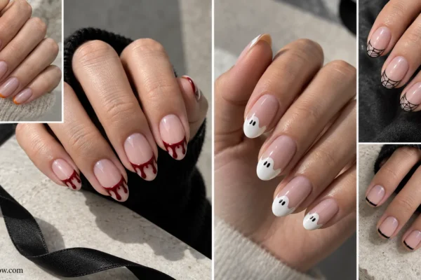 Editorial collage of orange micro tips, white ghost scallop tips, black spiderweb outline tips, oxblood drip tips, and short black micro French nails.