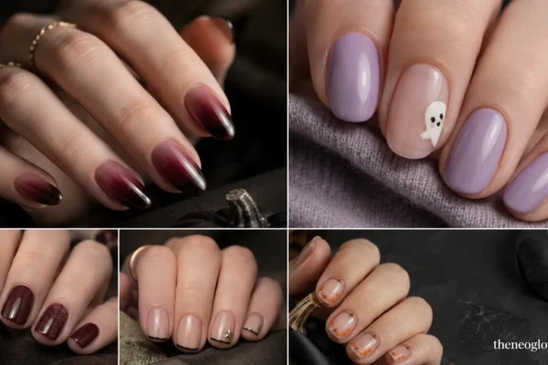 Editorial collage of cute motifs, dark red aura nails, black micro tips, and pumpkin-orange nail details.