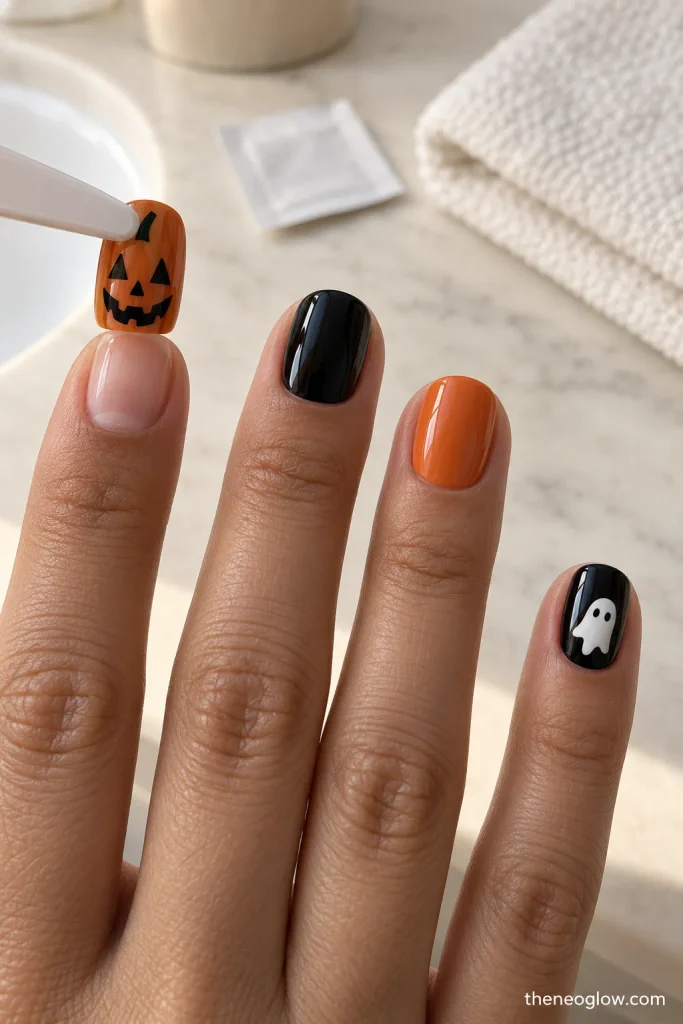 A short Halloween press-on tip is aligned over a natural nail before application, with black and orange nails already fitted nearby. easy halloween nails 