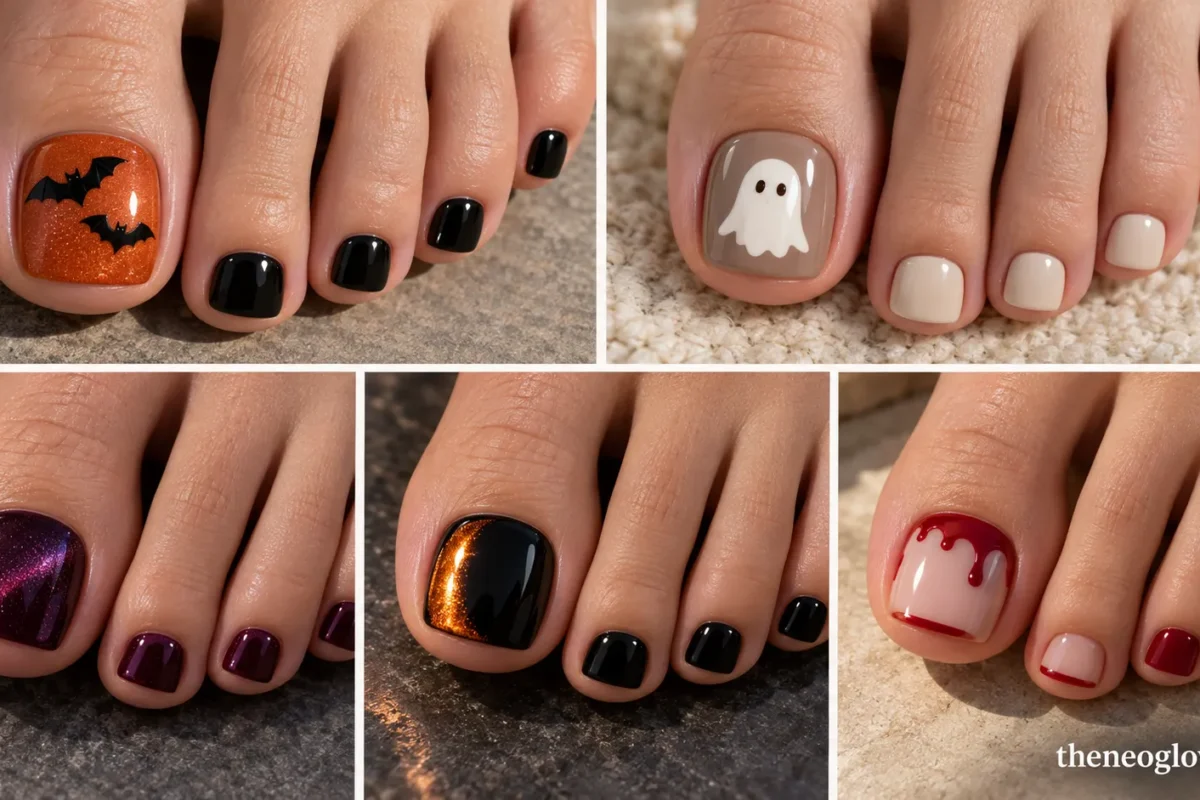 Halloween pedicure collage with bat, ghost, plum velvet, orange chrome and red drip big-toe designs