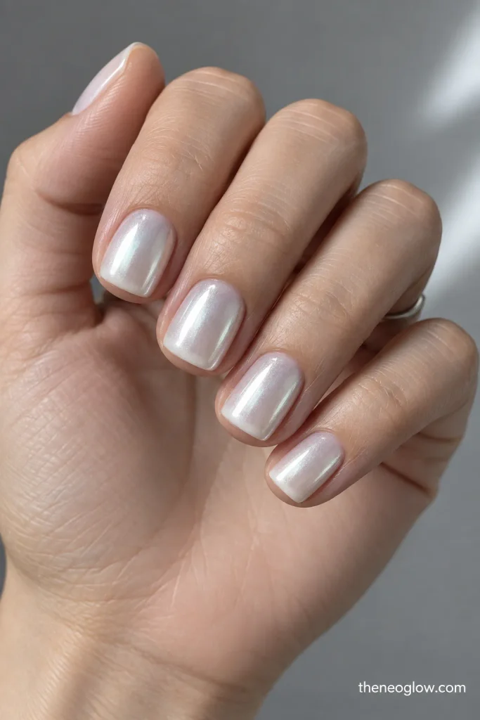 Short square milky-white nails with a cool silver pearl-chrome finish.