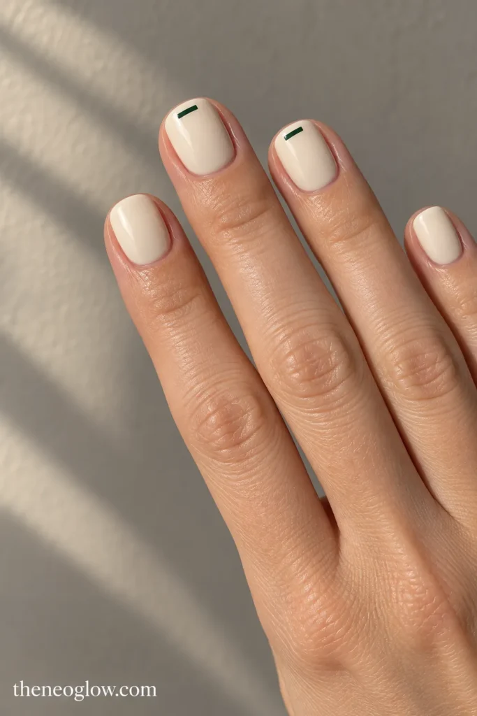 Warm ivory nails with tiny dark-green dash accents near selected tips.