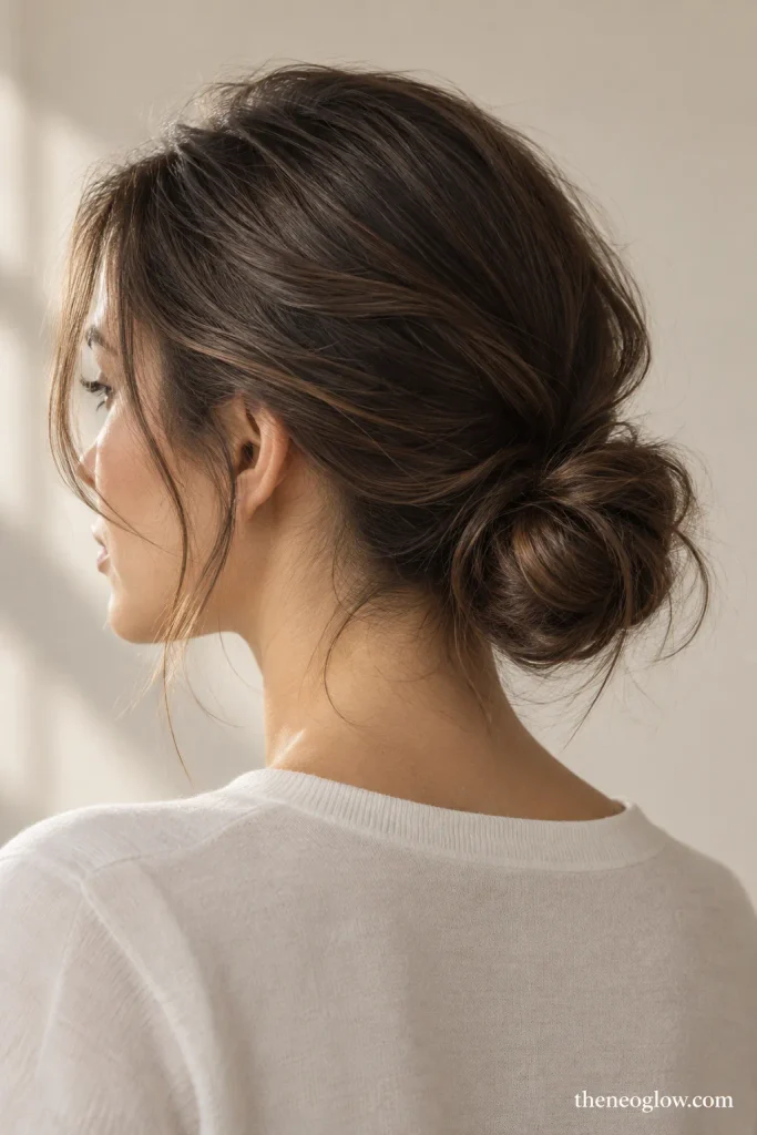 Soft low bun at the nape with gentle crown movement and a relaxed polished finish