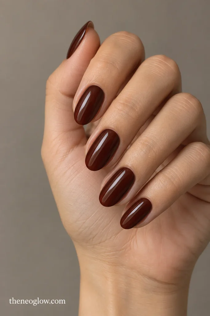 Medium oval nails in deep red-brown mahogany with a glassy cream finish.