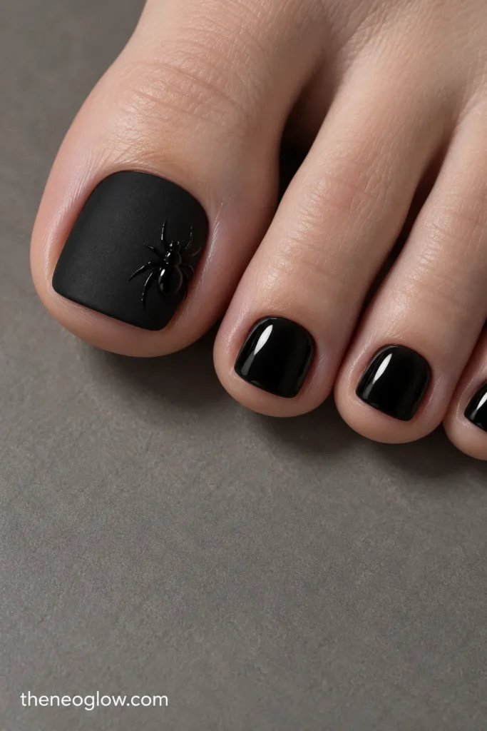 Matte black big toenail with a glossy black spider and glossy black smaller toes