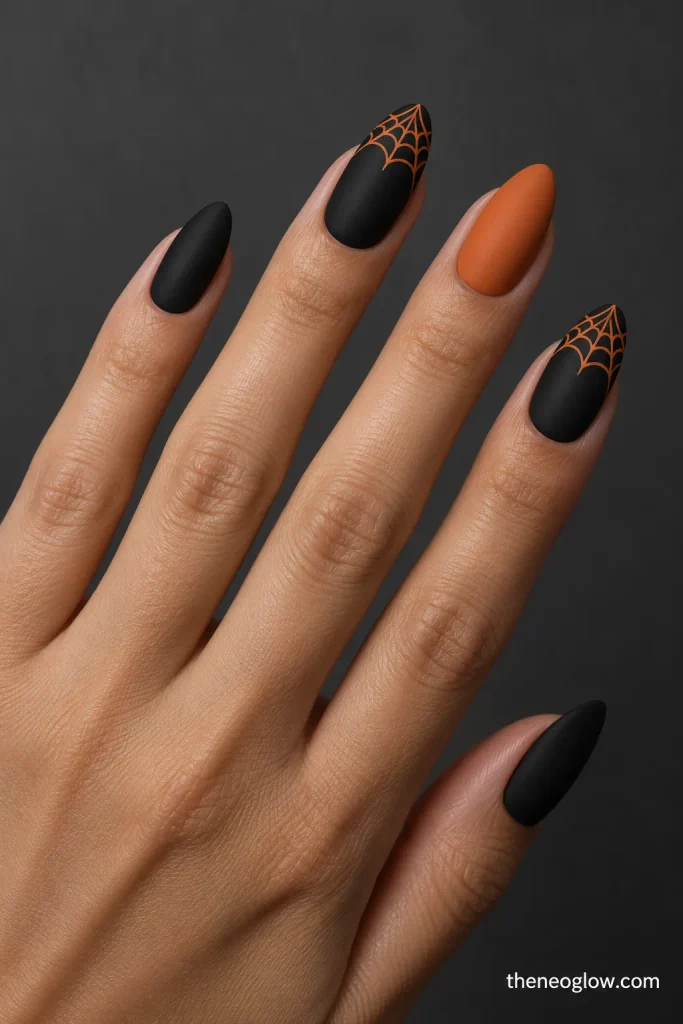 Matte black nails with thin orange spider-web details confined to the tips and a burnt-orange solid accent.