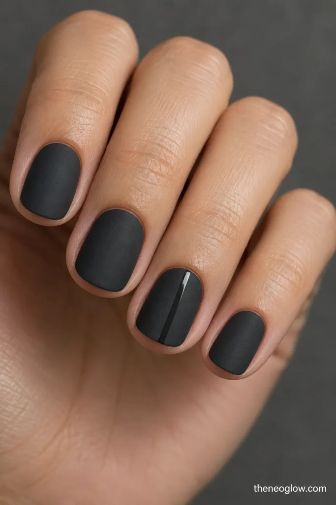Short matte charcoal nails with one narrow glossy vertical line on the ring finger.