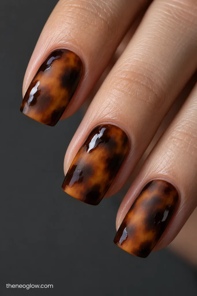 Matte tortoiseshell nails with selected irregular dark islands restored to a glossy finish.
