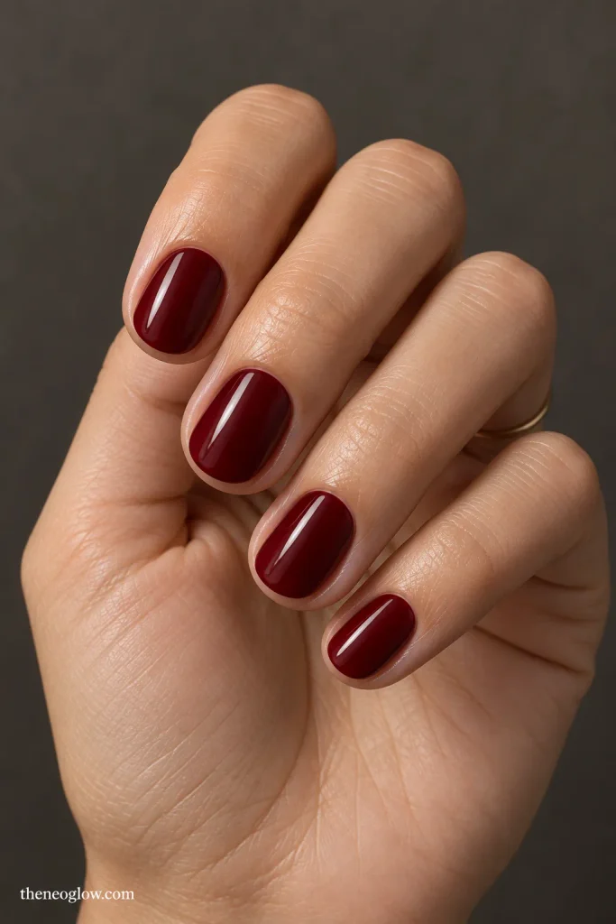 Short oval nails painted deep merlot with a smooth high-gloss finish.