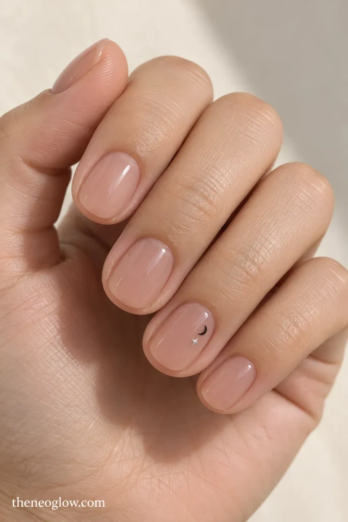 Very short nude round nails with a tiny black crescent and a pinpoint silver star on each ring finger.