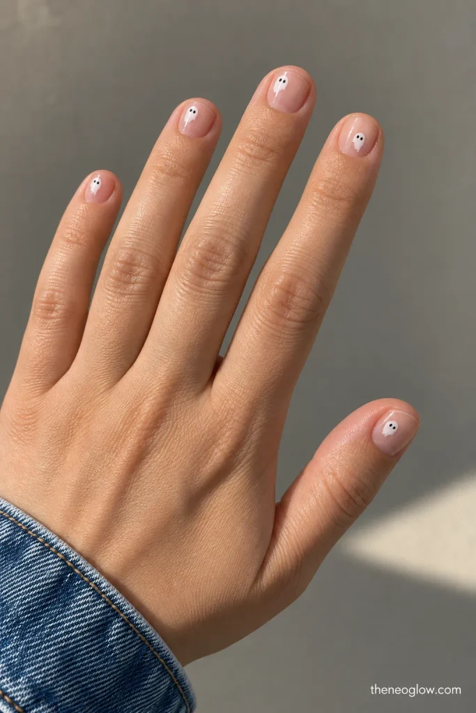 Very short round nails with tiny white ghost shapes placed near the cuticles.