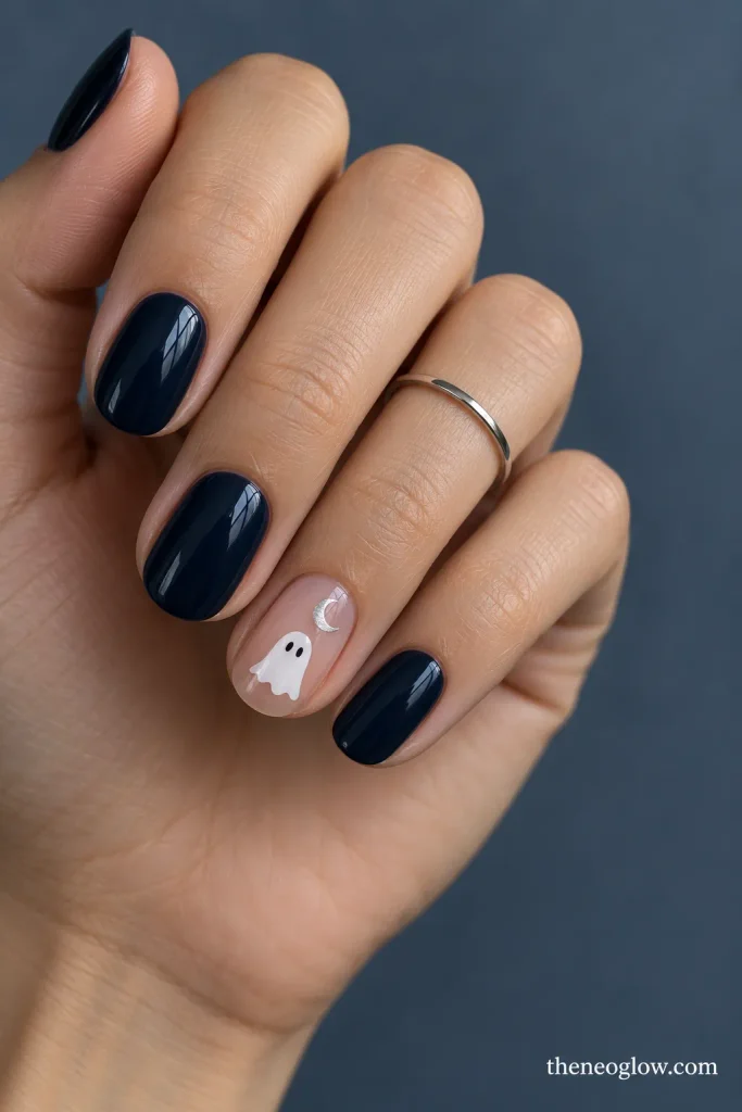Deep navy nails with a translucent accent showing a white ghost beneath a slim silver crescent.