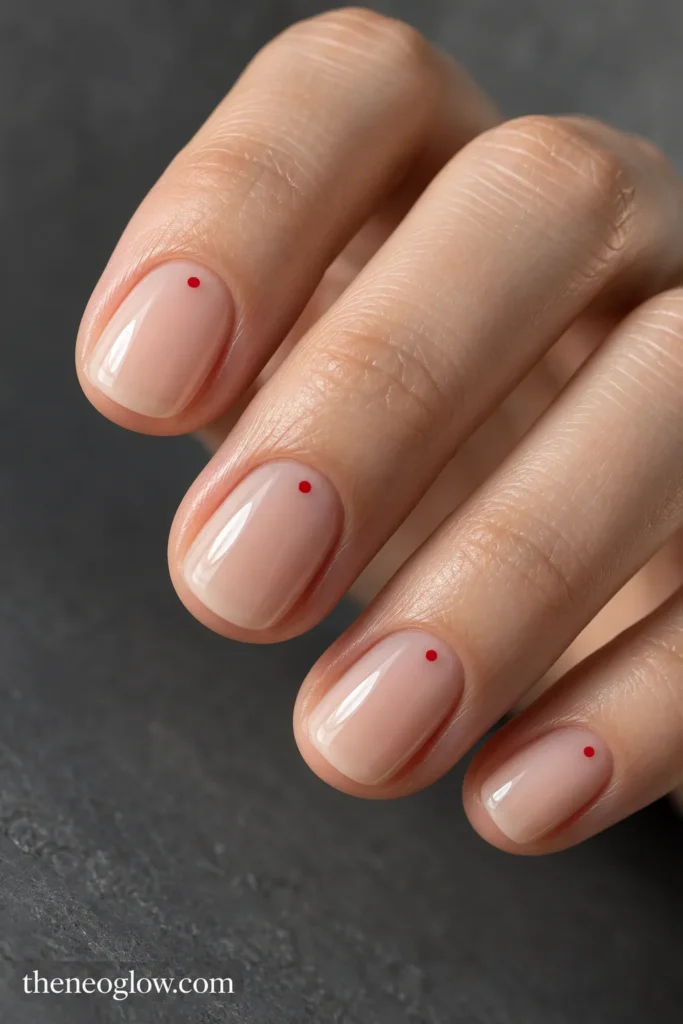 Translucent milky-beige nails with one tiny red dot near each cuticle.