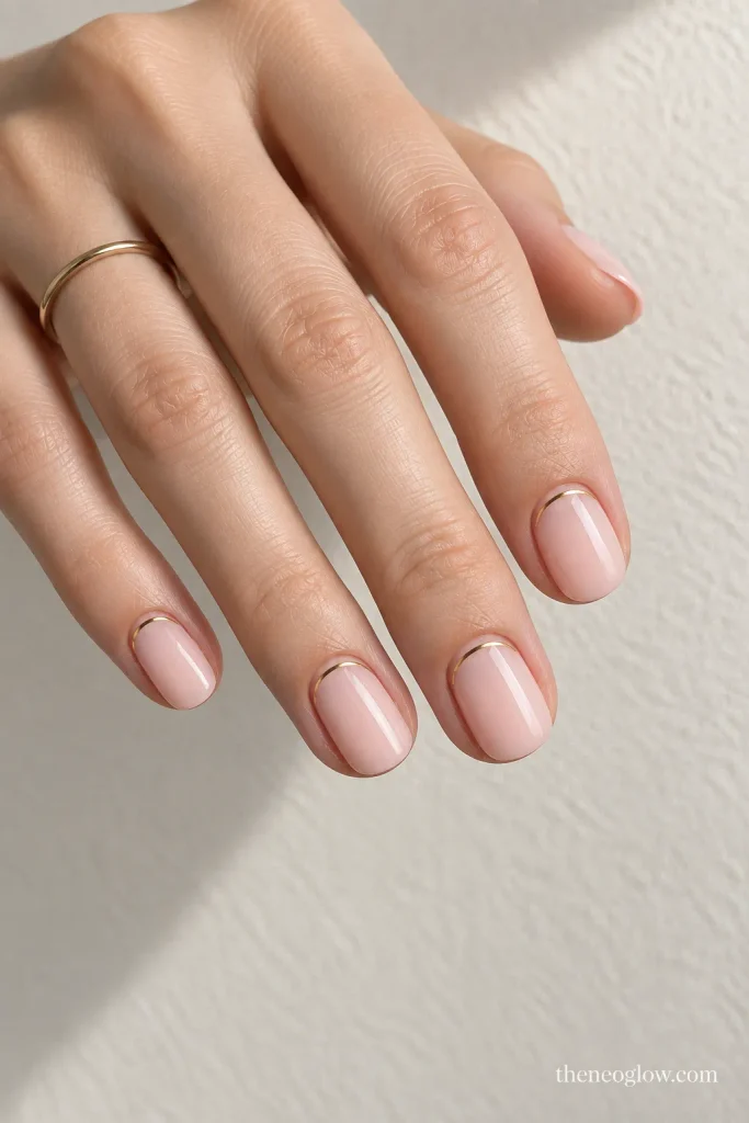 Milky pink oval nails with slim metallic-gold half-moon cuffs near the cuticles.