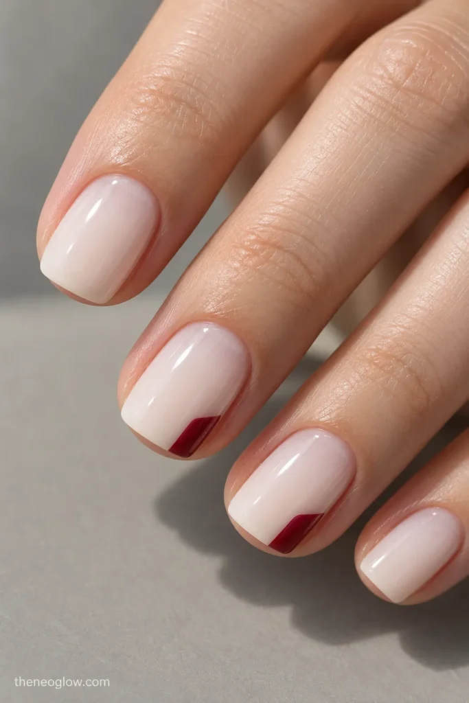 Translucent milky-white nails with small cranberry color blocks at the outer tip corners.