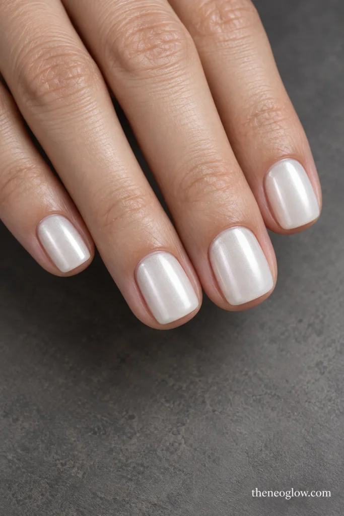 Short square milky white nails with a soft satin chrome reflection.