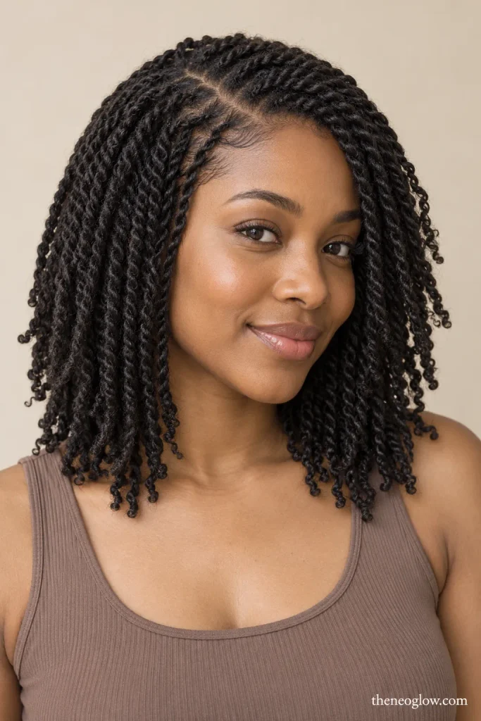 Finished mini twists worn down with a soft natural shape and clean side part