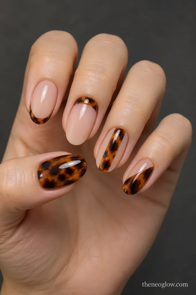Five coordinated tortoiseshell placements: micro French, cuticle cuff, center panel, diagonal half and full cover.