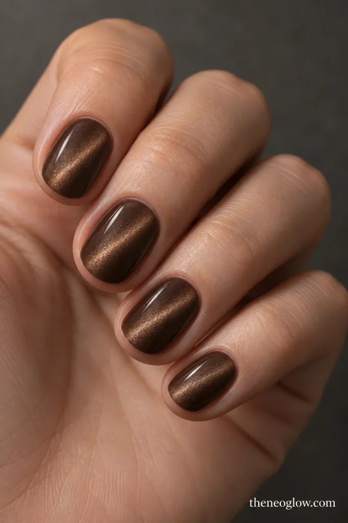 Genuinely short round nails with deep mocha cat-eye polish and a narrow diffused magnetic highlight.