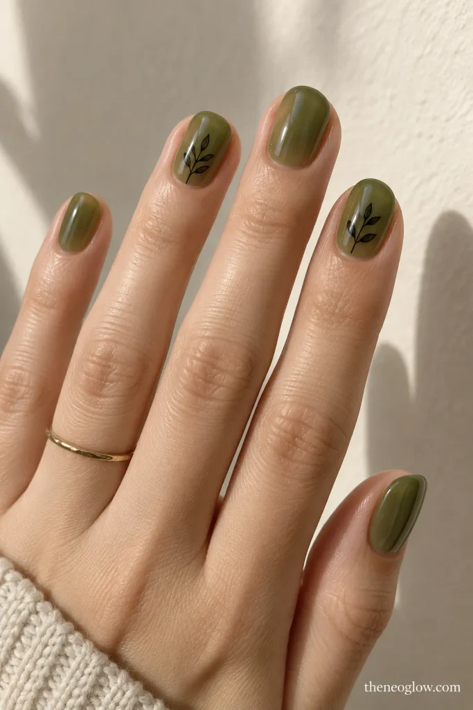Short moss-green jelly nails with fine black herb silhouette accents.