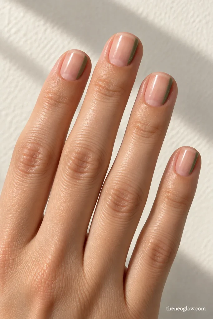 Short sheer neutral nails with narrow muted moss-green side French details. september nails