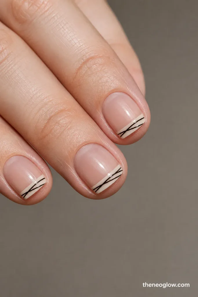 Ultra-short squoval nails with shallow ivory mummy-band tips crossed by thin uneven black lines.