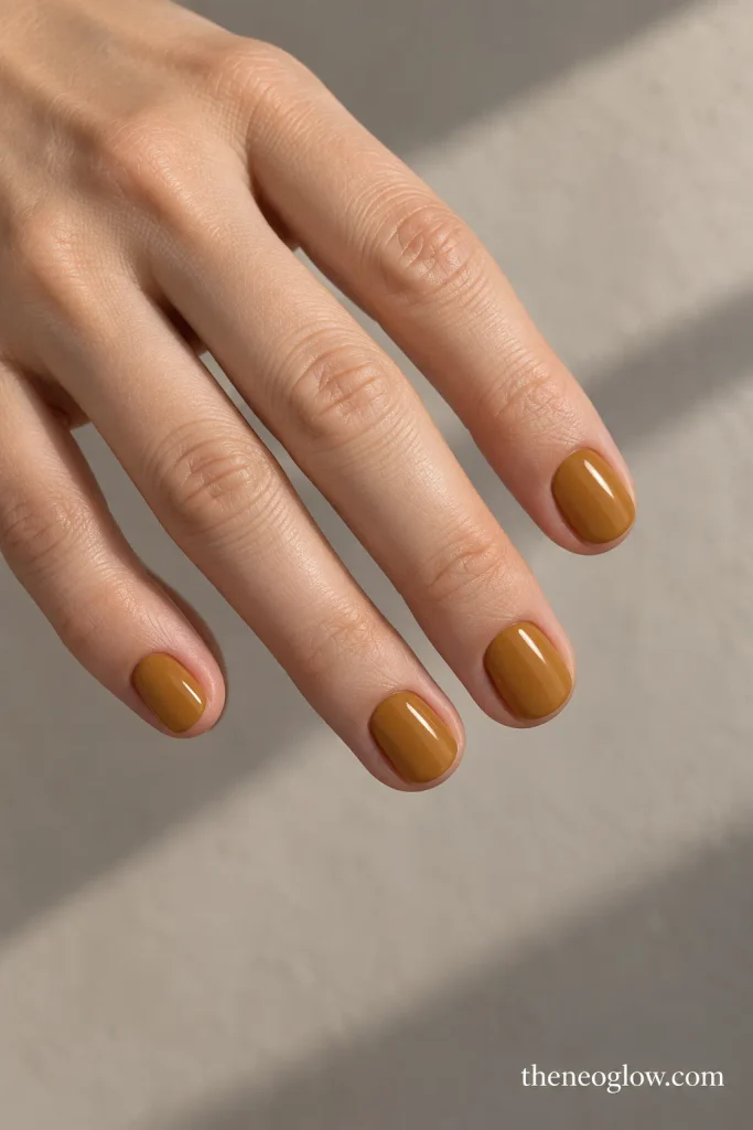 Short squoval nails with a sheer neutral base and ultra-thin espresso side French edges.