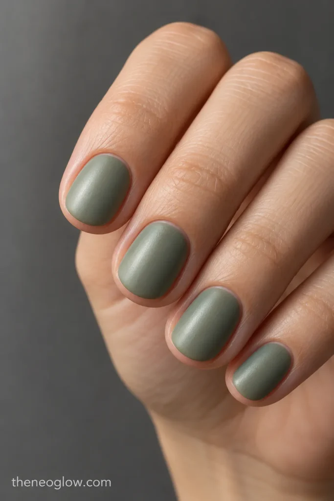 Short round nails in muted sage green with a soft satin finish.