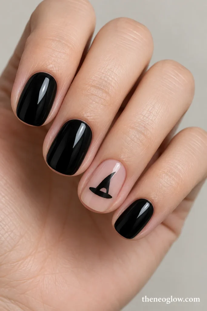 Glossy black nails with a sheer accent nail featuring a negative-space witch-hat silhouette.