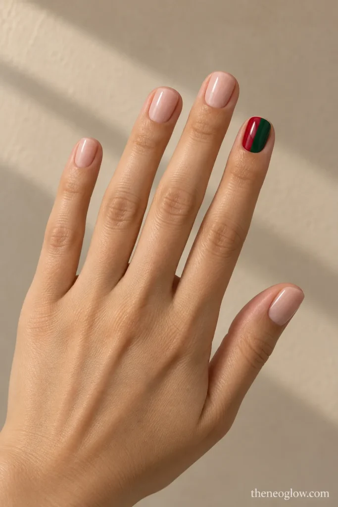 Sheer nude manicure with one accent nail vertically split between muted red and deep green. simple christmas nails