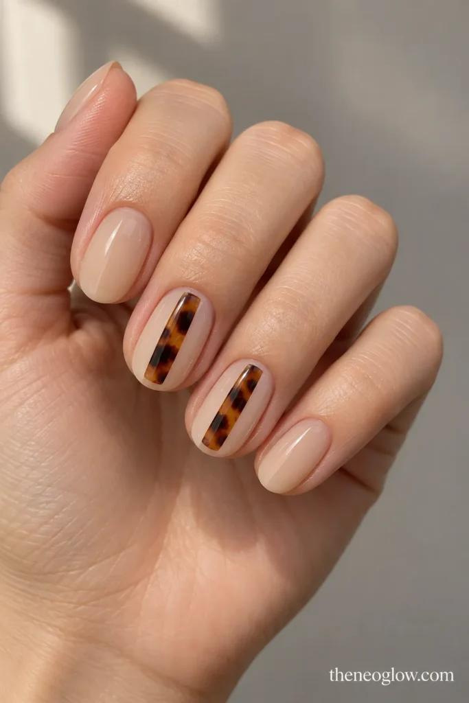 Sheer oat-beige nails with narrow vertical tortoiseshell center stripes on two accent nails.