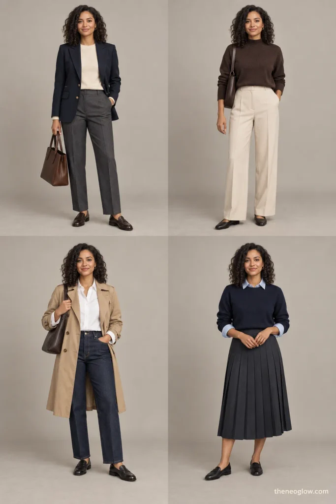 Four coordinated outfits comparing old money, quiet luxury, classic, and preppy styling without visible logos.