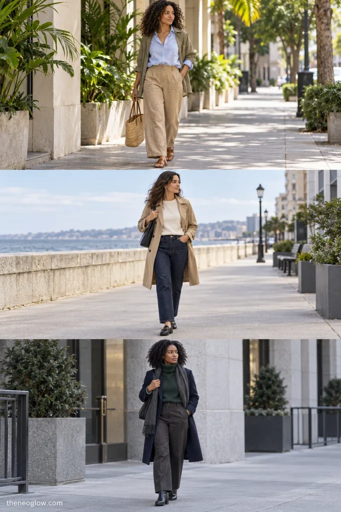 Three climate-adapted outfits showing lightweight warm-weather dressing, transitional layers, and cold-weather tailoring.