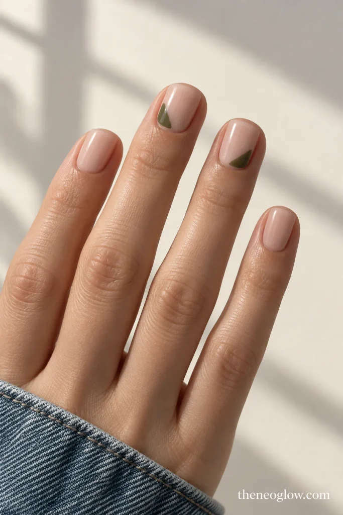 Short square sheer nails with small muted-olive blocks confined to the lower corners of two accents.