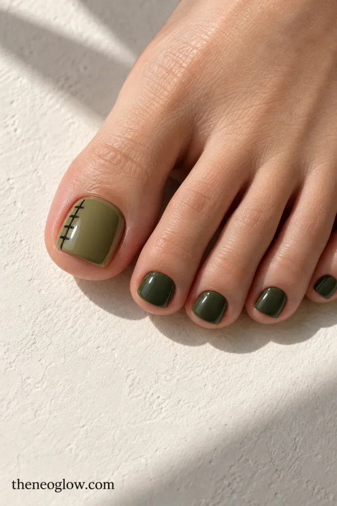 Muted olive big toenail with sparse black stitch marks and dark moss smaller toes
