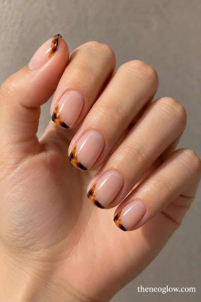 Sheer neutral nails with narrow asymmetric tortoiseshell French curves along one side of each tip.