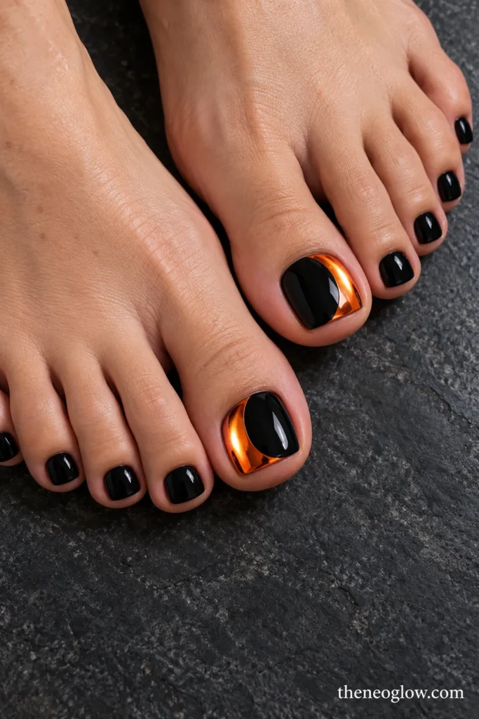 Black pedicure with a reflective orange-chrome eclipse crescent on the big toenail