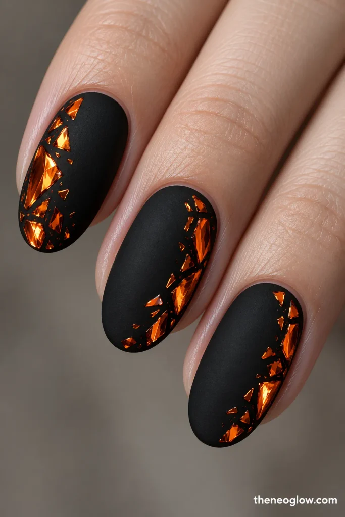 Matte black oval nails with sparse reflective orange chrome shards concentrated along one side.