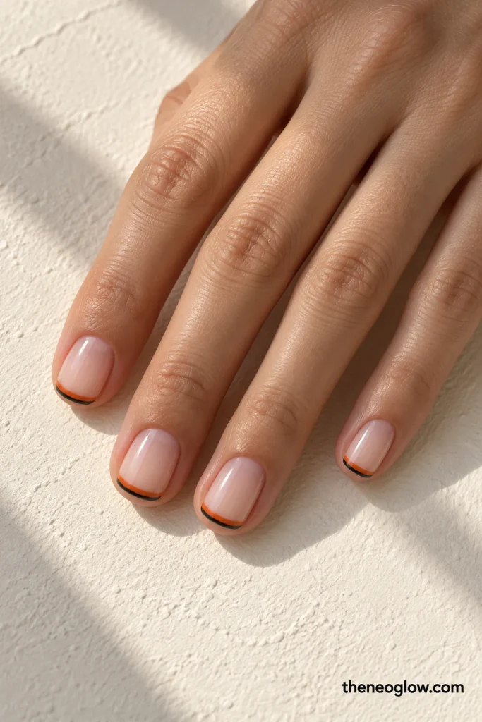 Short sheer squoval nails with very thin orange French tips and hairline black shadow lines underneath.