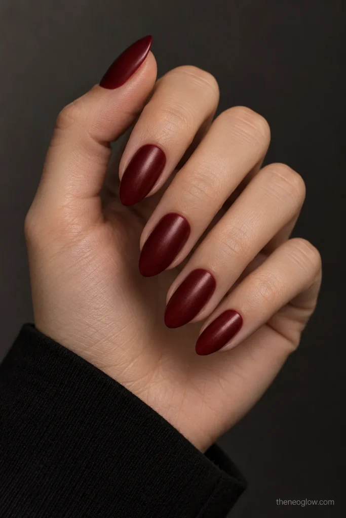 Medium almond nails painted opaque oxblood red with a soft satin finish. Vampire Nails 