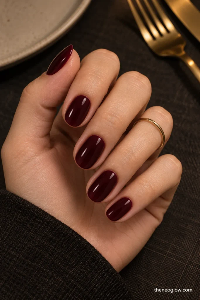 Short oval oxblood nails with a deep glossy finish in a restrained dinner setting.