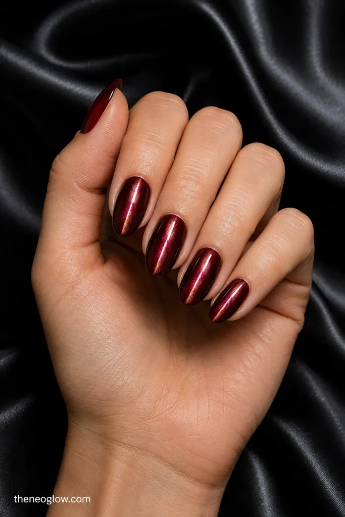 Medium oval nails with glossy oxblood magnetic polish and narrow centered velvet beams.