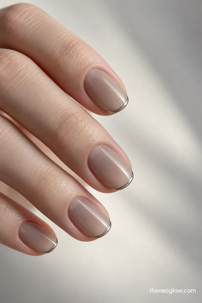 Smoky sheer nails with ultra-thin oxidized-silver micro French edges.