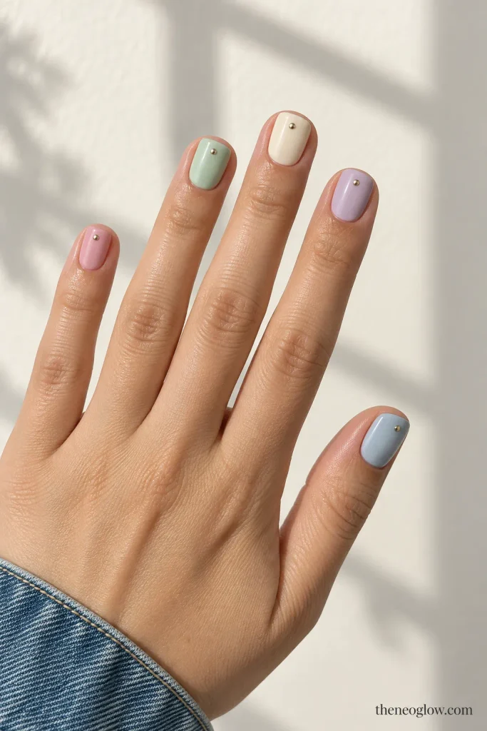 Short squoval nails in muted pink, mint, cream, lilac, and icy blue with tiny metallic cuticle dots.