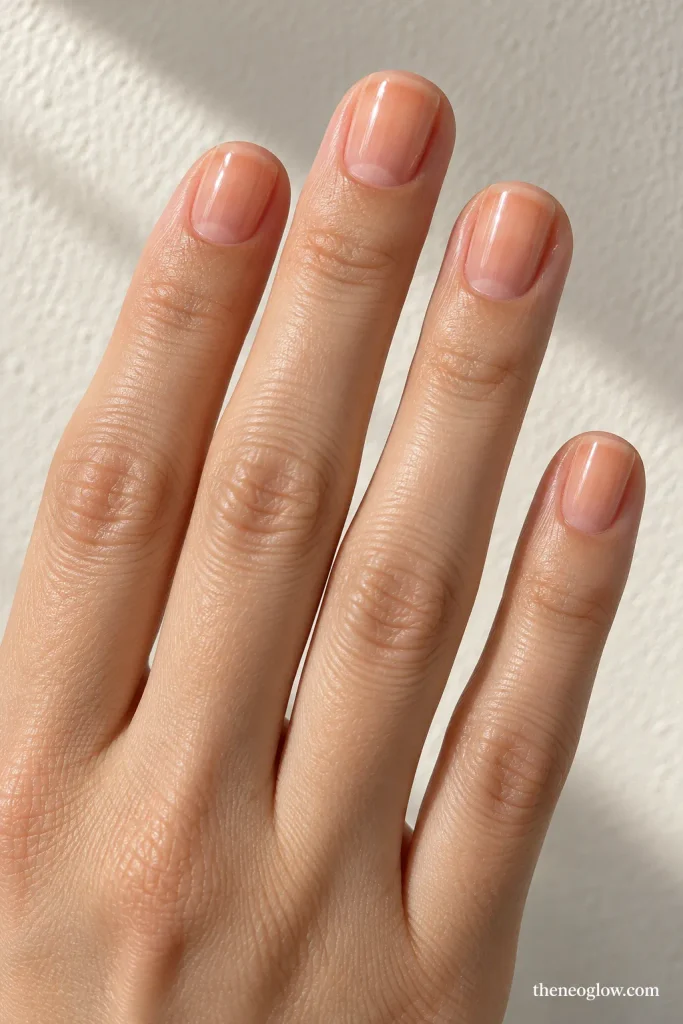Short squoval nails with a glossy translucent peach-beige wash and visible natural nail underneath.