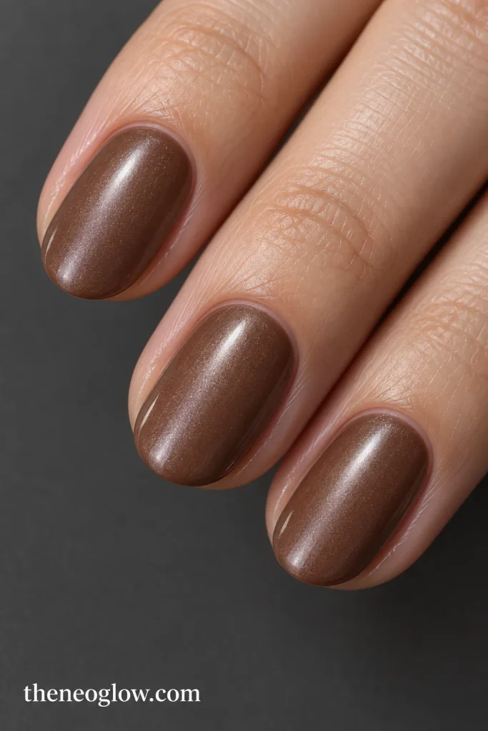 Oval brown nails with a subtle fine-pearl reflective veil.