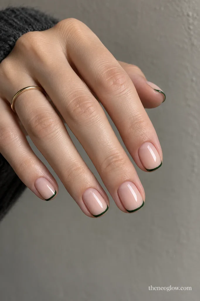 Short squoval nails with a sheer pink-beige base and hair-thin pine-green French tips.