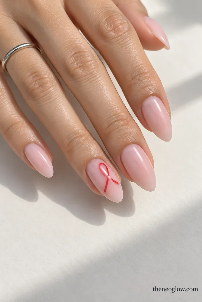 Semi-sheer cool pink almond nails with fine red ribbon-outline accents.