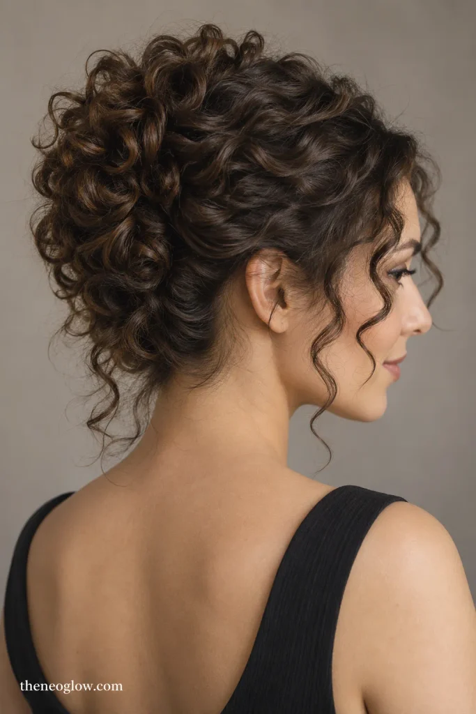 Curly updo with individual curls pinned upward while their natural shape remains visible