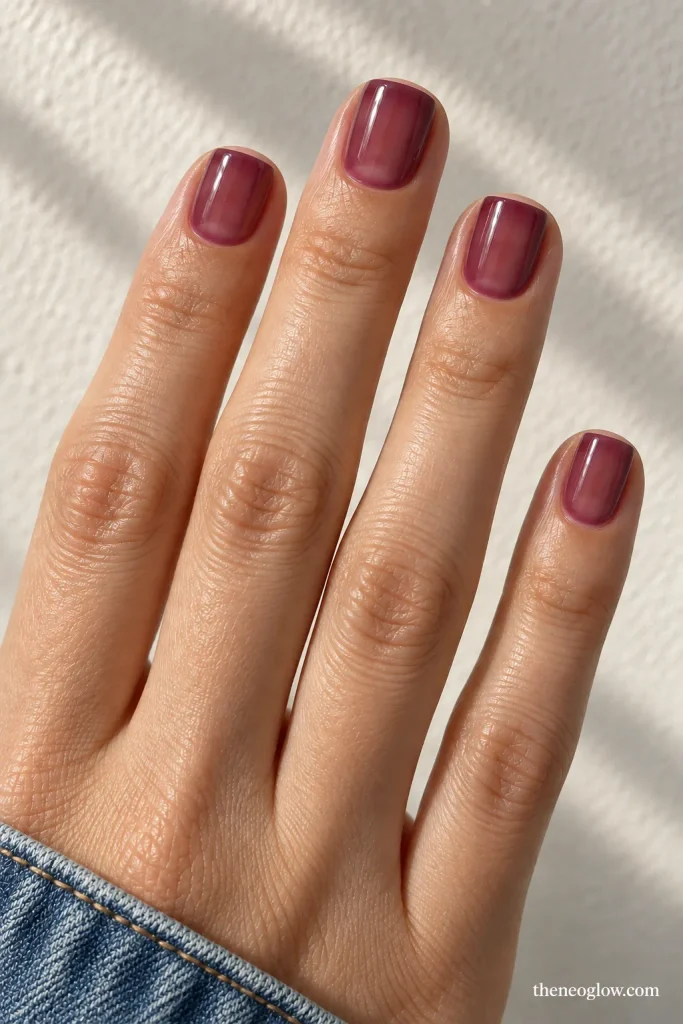 Short square nails with translucent plum glass color, deeper edges, and lighter centers.